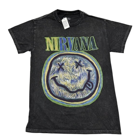 Nirvana Womens Size S‎ Black Wash Happy Face Graphic Print Tee T-shirt NWT - Picture 2 of 5